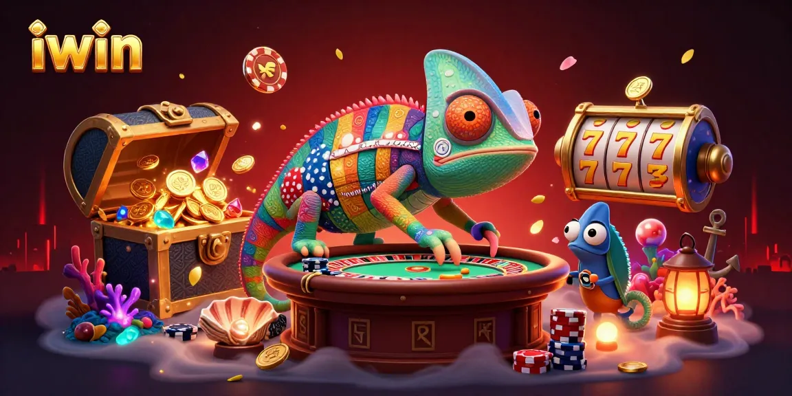 Engage with iwin's vibrant casino scene featuring a color-shifting chameleon capturing golden coins.