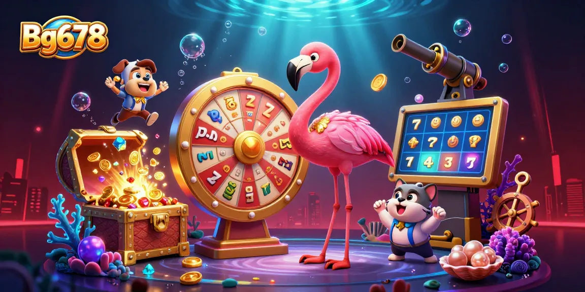 Bg678 showcases a thrilling gaming atmosphere with a flamingo host, bulldog contestant, and exciting prize elements.
