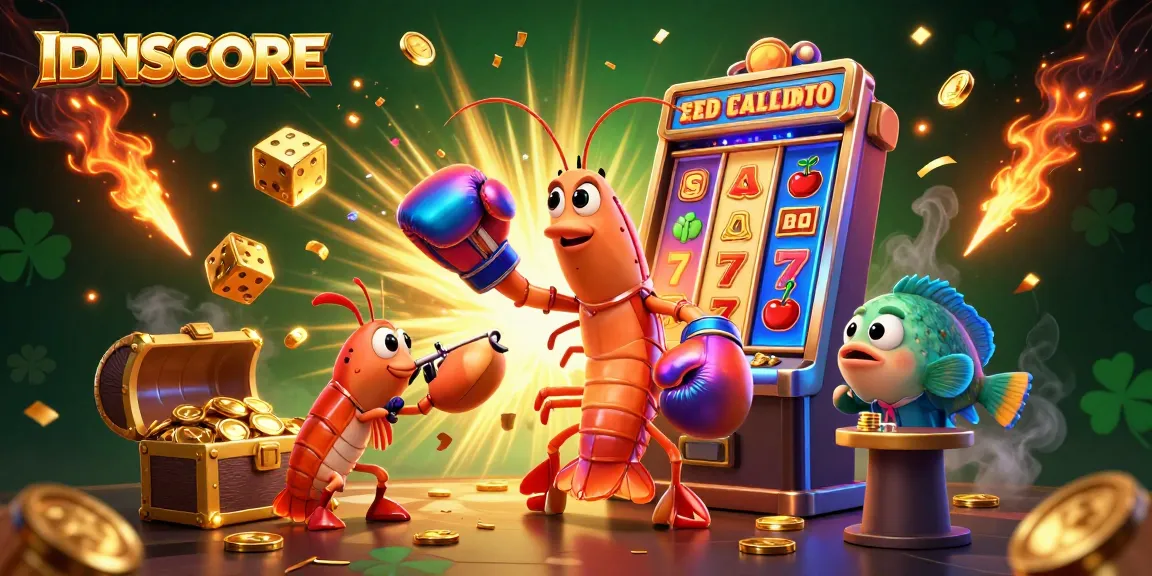 IDNSCORE's dynamic gaming scene showcases a mantis shrimp, dazzling jackpot coins, and vibrant slot machine action.