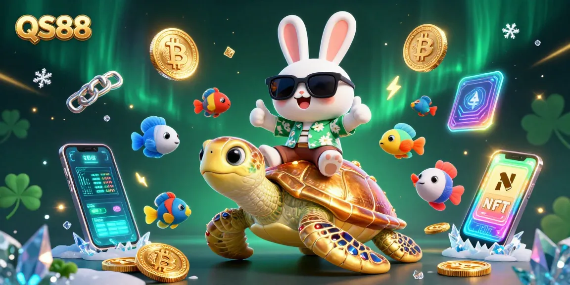 Win big at QS88 with an exciting scene featuring a lucky rabbit and a giant turtle amidst vibrant games.