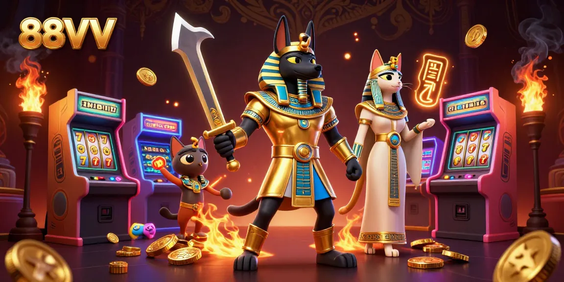 Engage with 88VV's immersive casino experience featuring Anubis and Bastet amidst vibrant gaming elements.