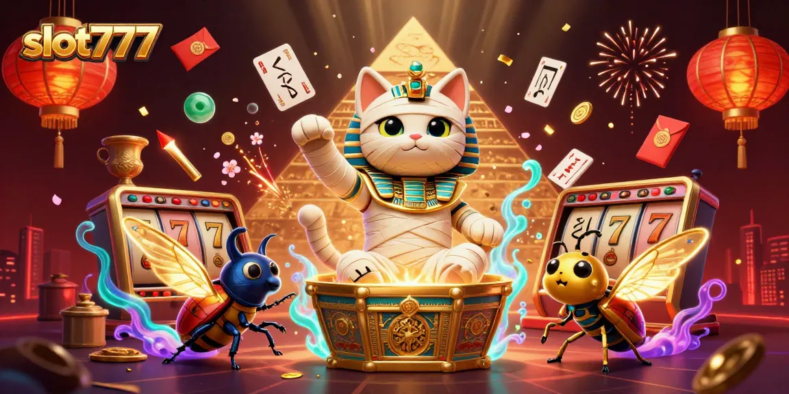 Experience the excitement of slot777 as a cartoon mummy cat bursts from a golden sarcophagus surrounded by vibrant casino elements.