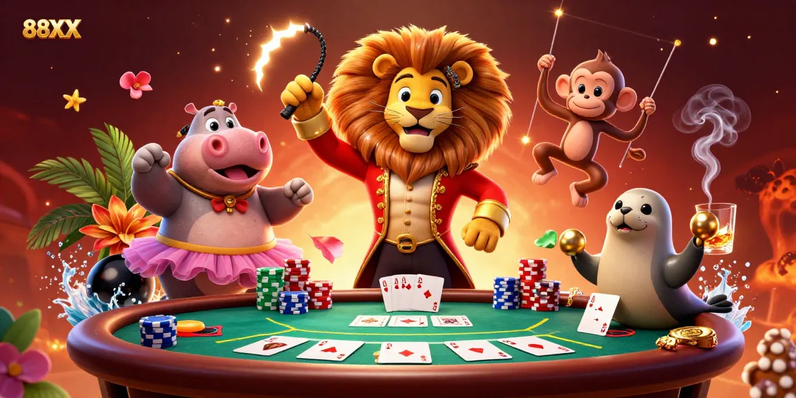 Experience the thrill of 88XX with lively casino characters in a dynamic poker scene.