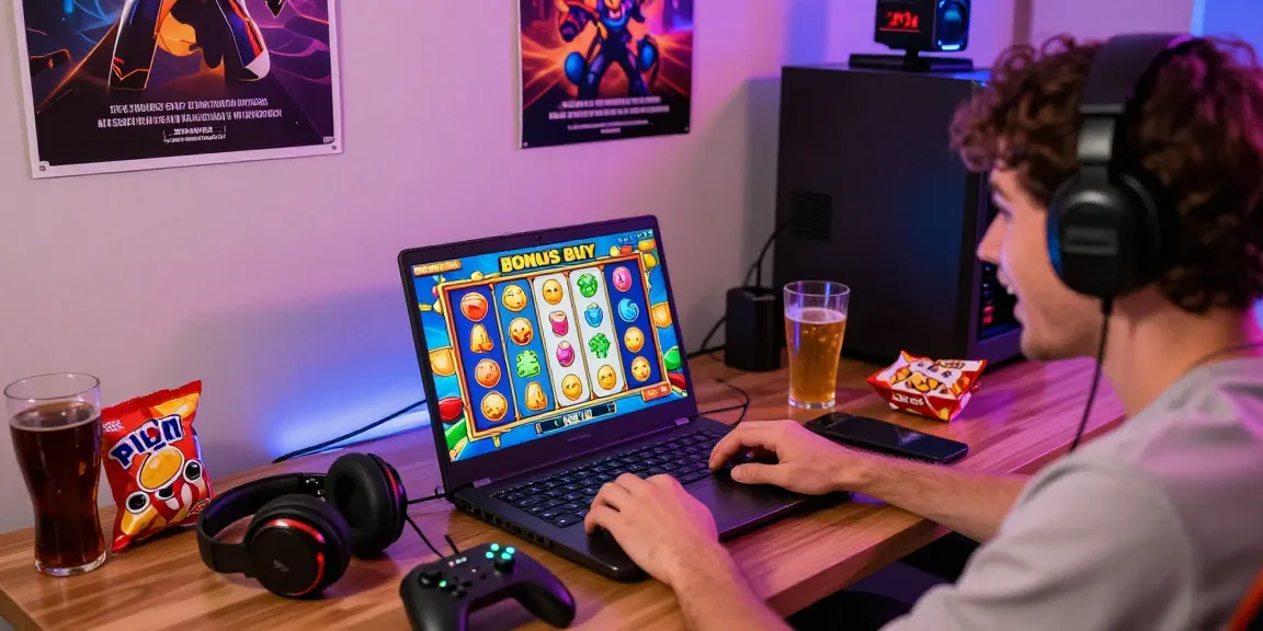 Player enjoying Bonus Buy Slots UK at home, featuring exciting graphics and gaming accessories