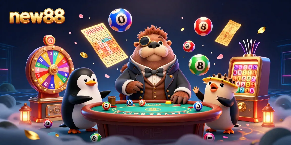 Engage with new88's exciting underwater poker scene featuring a walrus, penguin dealer, and pufferfish player bluffing.