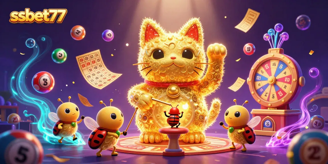 Engage with ssbet77's lucky cat illustration and dynamic casino symbols in 3D!