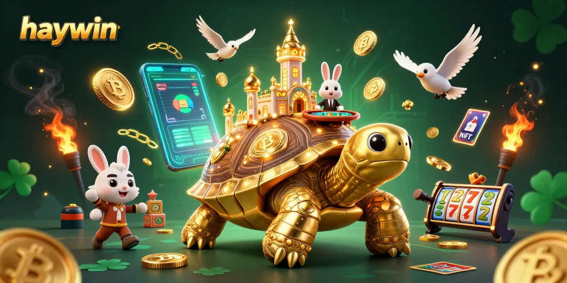 Engage with haywin's vibrant casino scene featuring a golden tortoise and dynamic gambling elements.