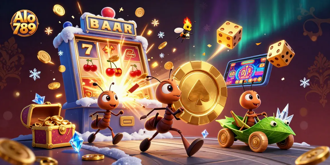 Alo 789 captures 3D ants heisting a giant poker chip amid a vibrant casino scene full of winnings.