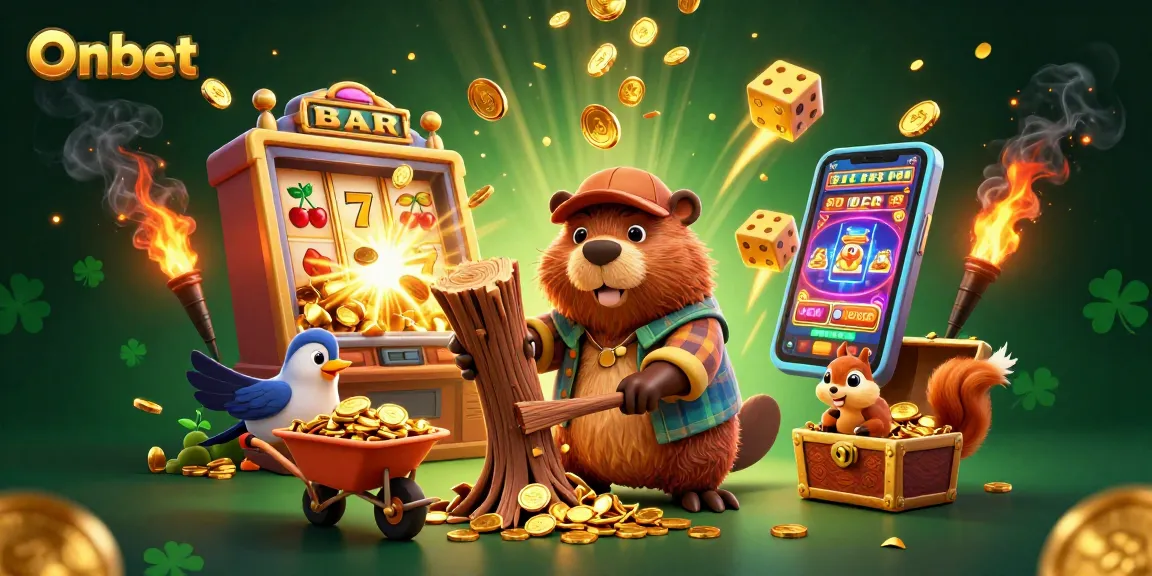 Experience thrilling jackpots with Onbet's winning moments featuring a fun cartoon scene full of coins.