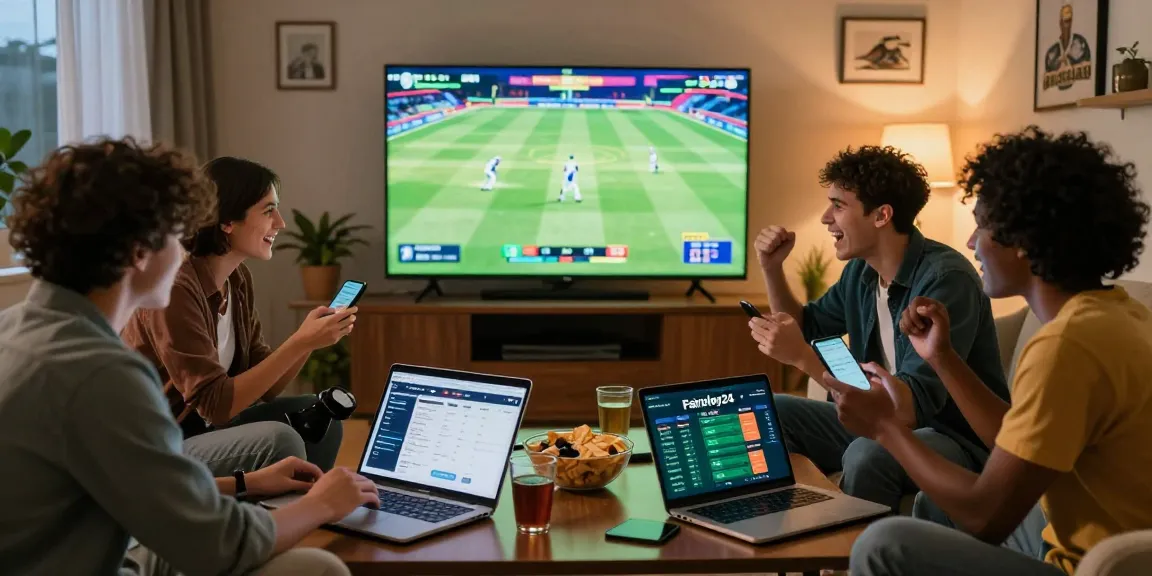 Friends enjoying live cricket betting through Fairplay24 in a cozy living room.