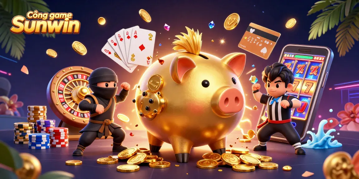 Cổng game Sunwin showcases thrilling gaming action featuring a golden piggy bank, ninja, and samurai amidst coins and casino elements.