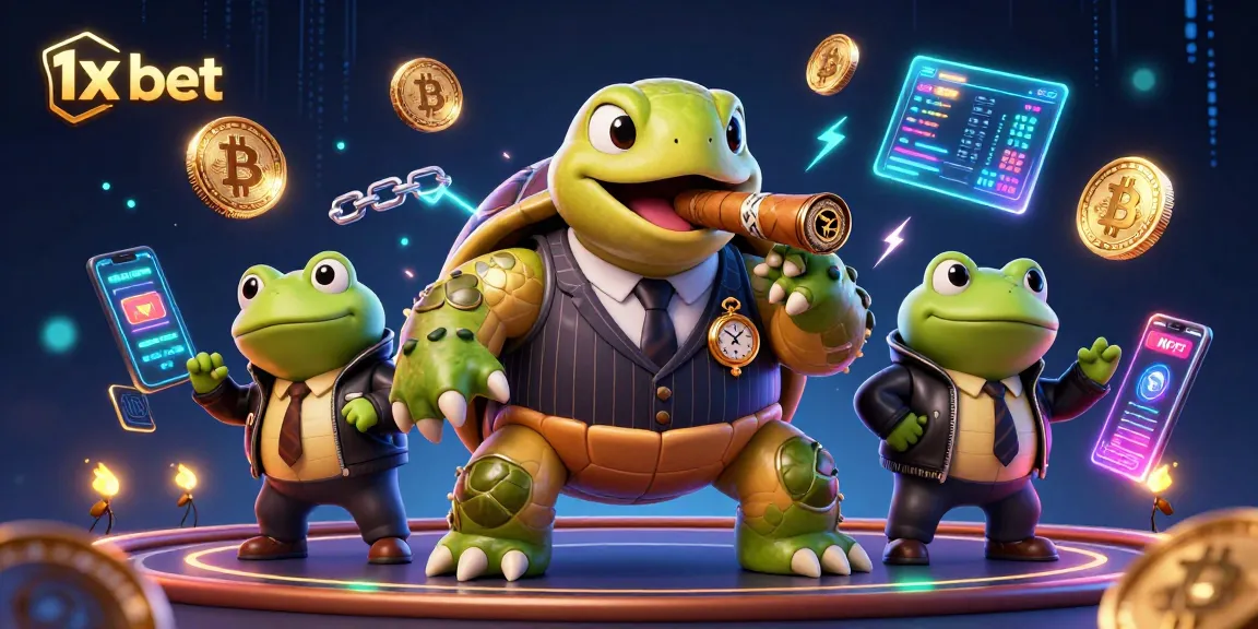 Engage with 1x bet in this dynamic 3D casino illustration featuring crypto-themed elements.