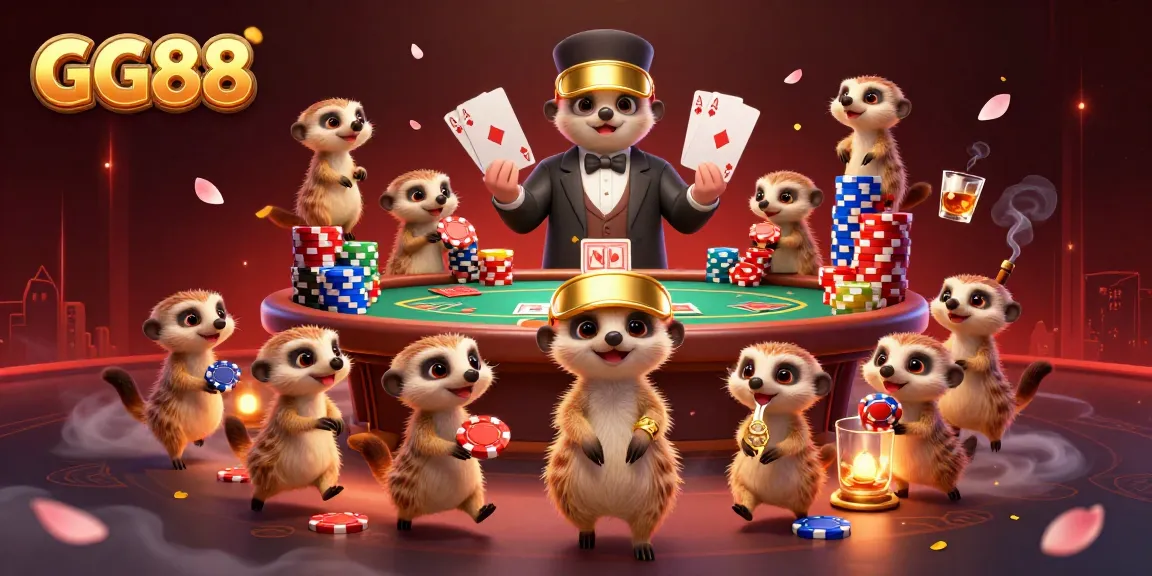 Experience the excitement at GG88 casino with meerkats managing games and chips, showcasing vibrant casino action.