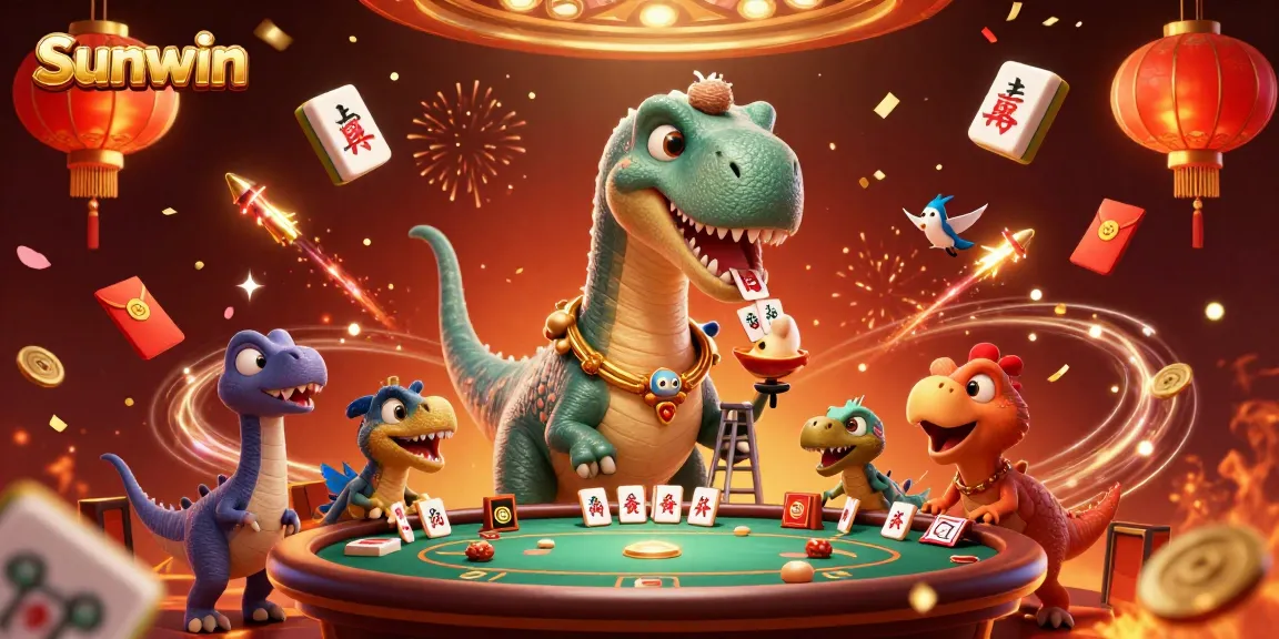 Experience thrilling gameplay at Sunwin with a whimsical scene of a brontosaurus and raptor in a vibrant casino.