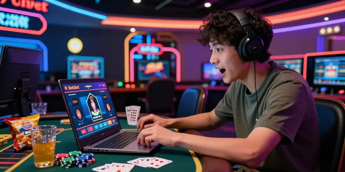 Player immersed in Betebet online gaming experience with poker chips and cards.