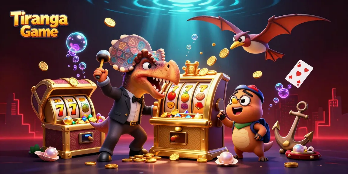 Tiranga Game scene showcasing a dinosaur celebrating jackpot wins with added slot machine and casino elements.