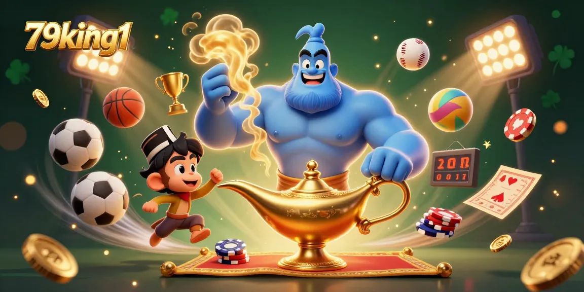 Engage with 79king1 as a muscular genie bursts forth amidst sports chaos in a festive casino scene.