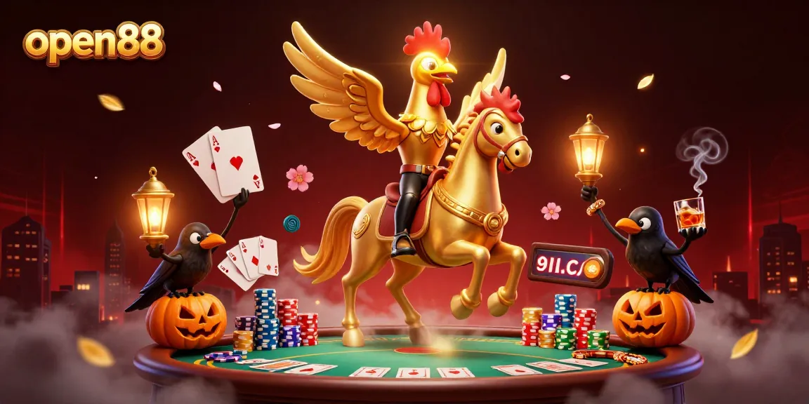 Engage with open88 in a mystical casino scene with a golden rooster and poker elements.
