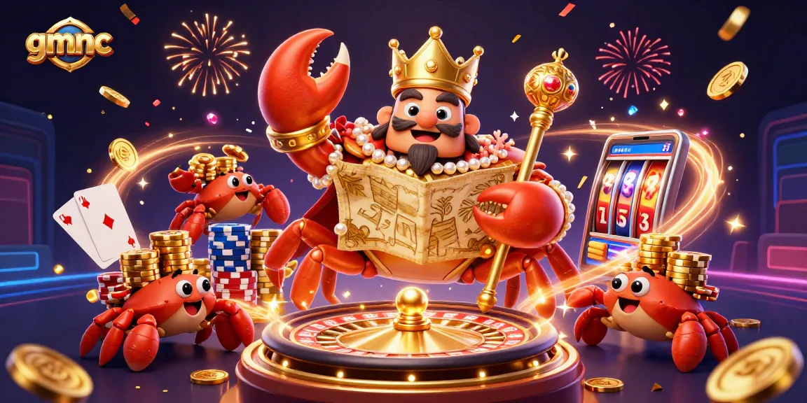 Engage with gmnc through this dynamic 3D scene featuring a golden crab emperor amidst casino treasures and vibrant elements.