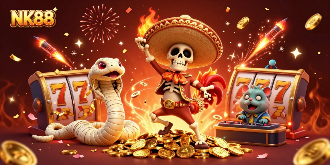 Celebrate wins at NK88 with vibrant characters dancing on golden coins amidst festive elements.