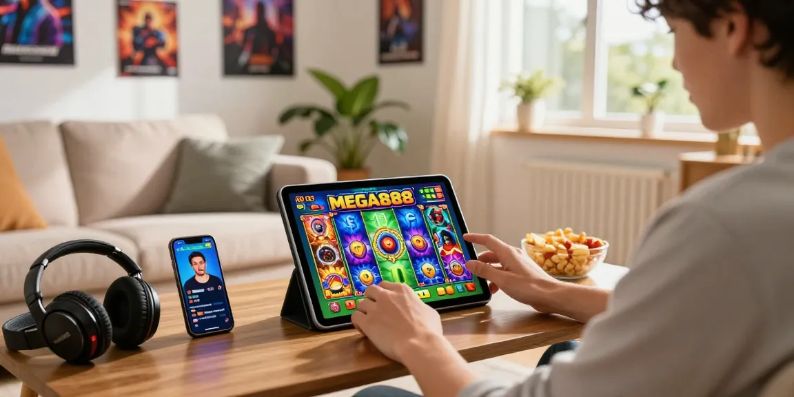 Discover exciting Mega888 gaming experience on tablet in cozy living room.