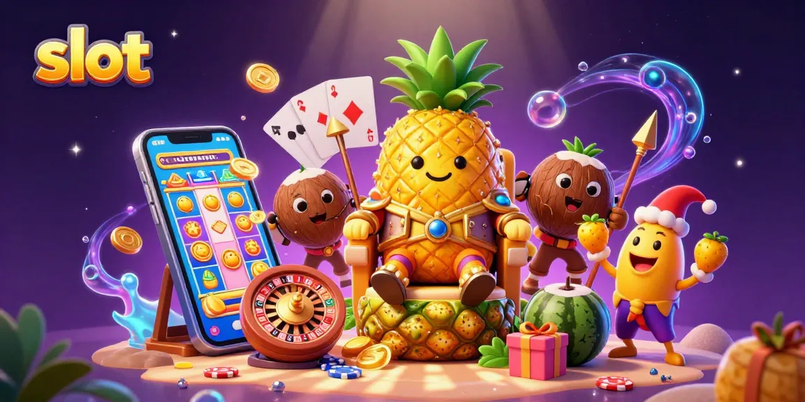 Engage in thrilling slot games with golden coins, a vibrant casino scene, and a pineapple king.