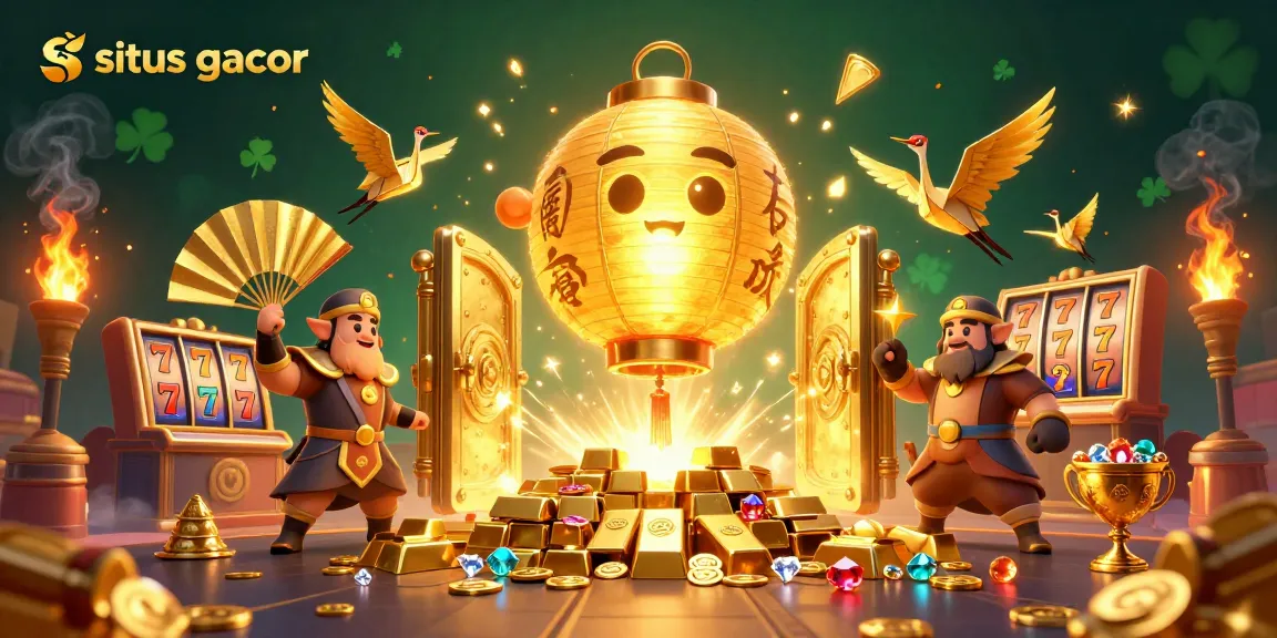 Experience the excitement of situs gacor with slot reels and dazzling treasures in this vibrant casino illustration.