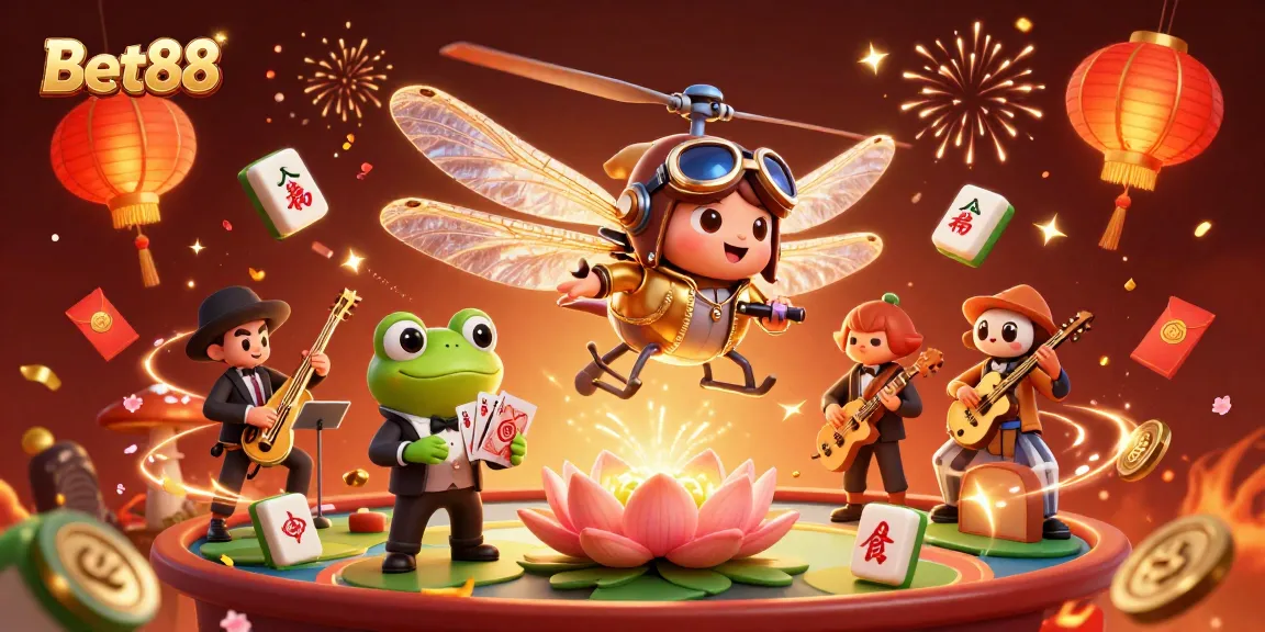 Experience Bet88's vibrant casino atmosphere with a dragonfly pilot and jazz-playing frogs.