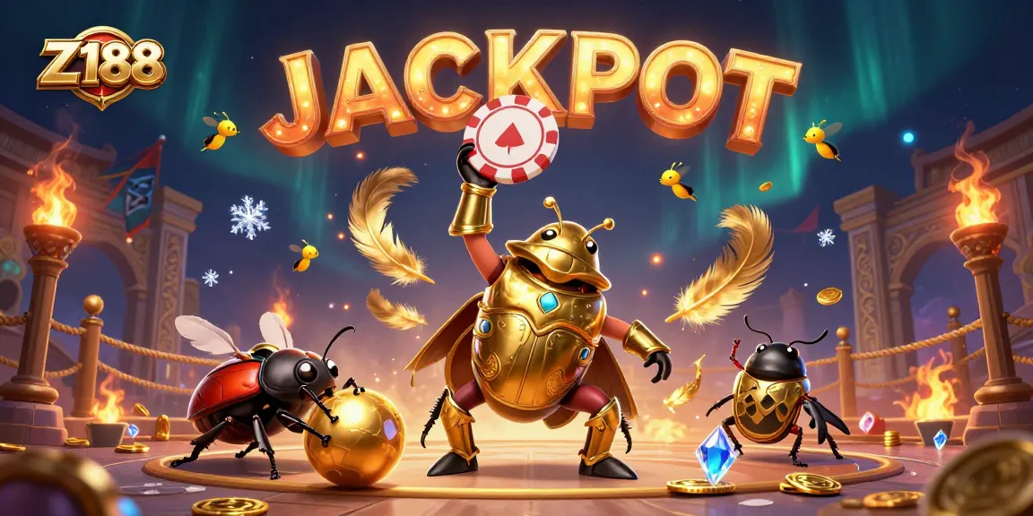 Z188's winning jackpot scene with a cartoon hercules beetle celebrating over a poker chip.