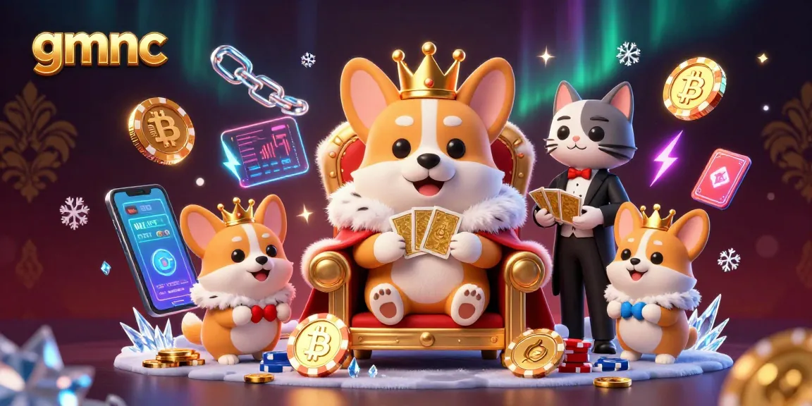 Experience gmnc's innovative gaming strategies with a royal corgi seated confidently on poker chips surrounded by cryptocurrency.
