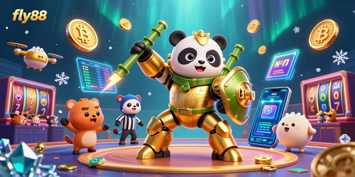 Experience the excitement of fly88 with animated slot reels and crypto elements in a 3D casino arena.
