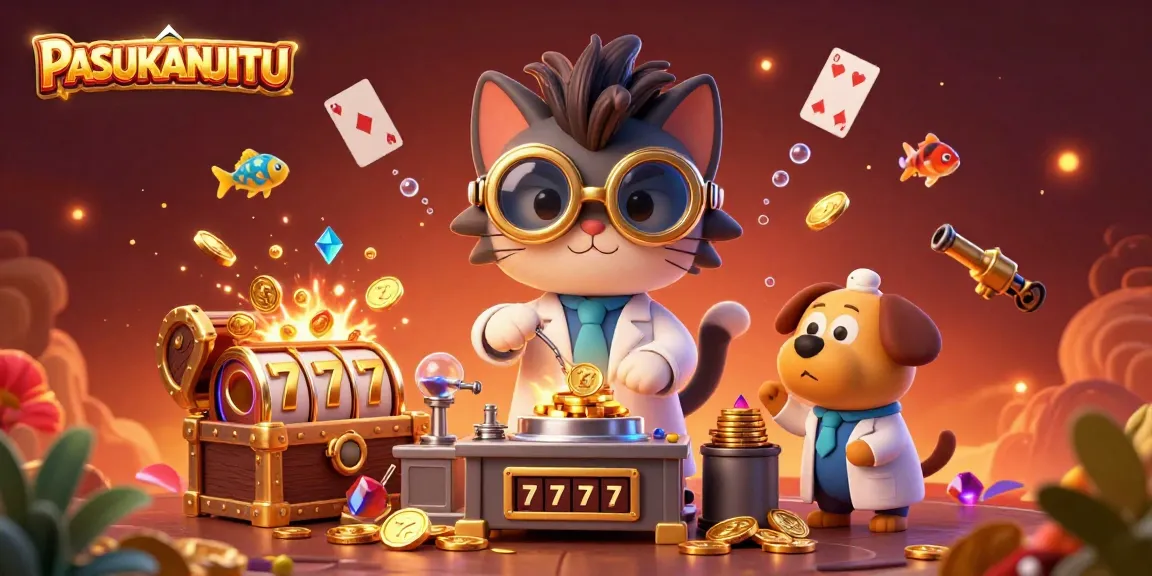 PASUKANJITU showcases a mad scientist cat and assistant crafting winning slot machines amid gold coins and playful bubbles.