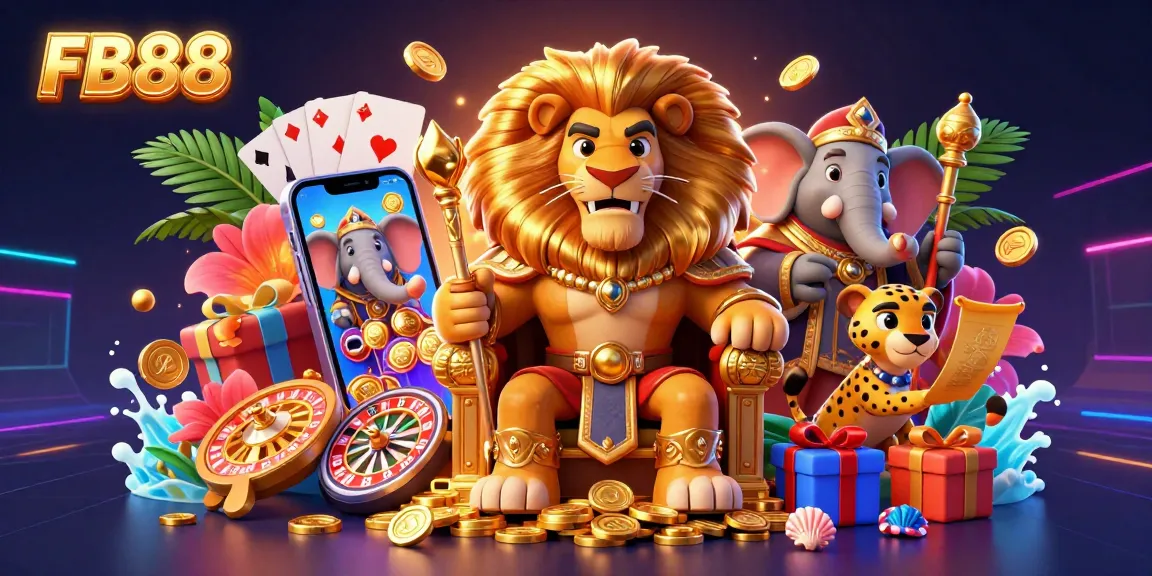 Experience thrill at FB88 with a vibrant 3D casino scene featuring a lion king, elephant advisor, and cheetah messenger engaging in games.