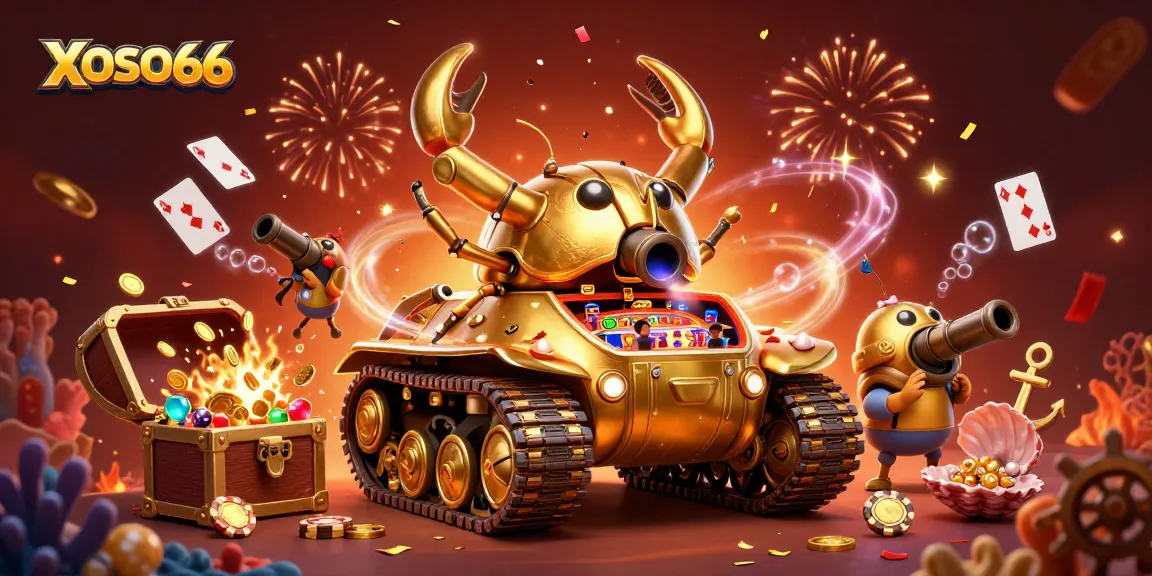 XOSO66 brings excitement with a massive golden beetle tank casino scene featuring coins, gems, and confetti.