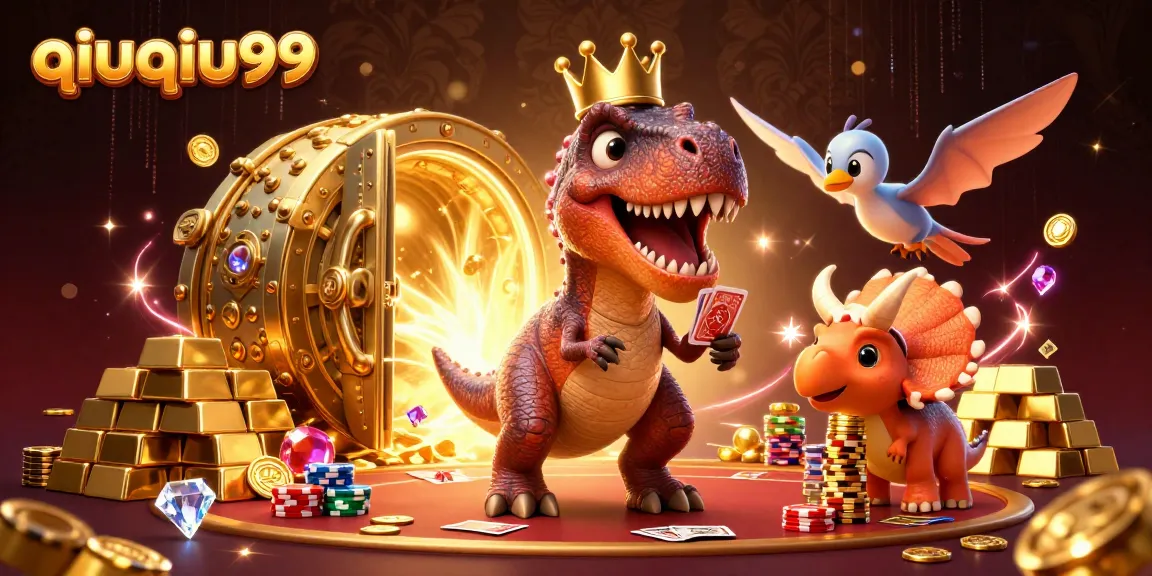 Engage in thrilling gameplay at qiuqiu99 with a vibrant 3D casino scene featuring a T-Rex and friends.