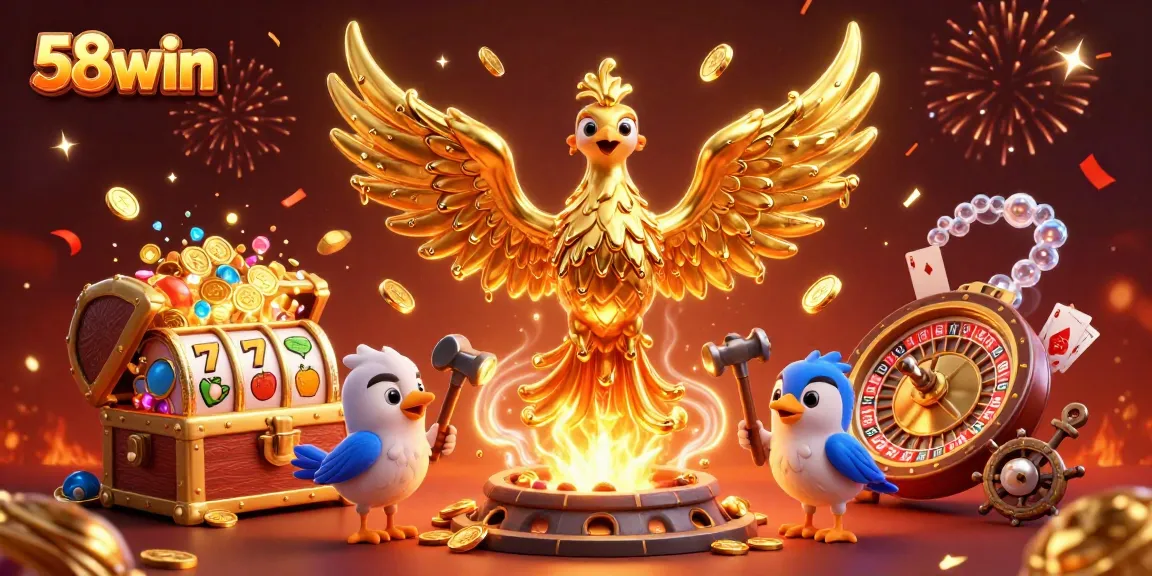 Experience the thrill of 58win with a vibrant phoenix and golden gaming elements.