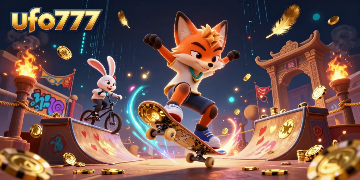 Engage with ufo777 as a skateboarder fox flips over golden poker chips in a dazzling casino arena.