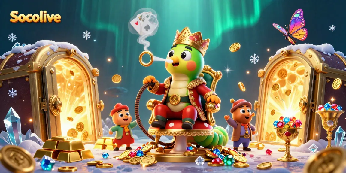 Socolive showcases a vibrant 3D casino scene featuring massive wealth symbols and an enchanting caterpillar master.