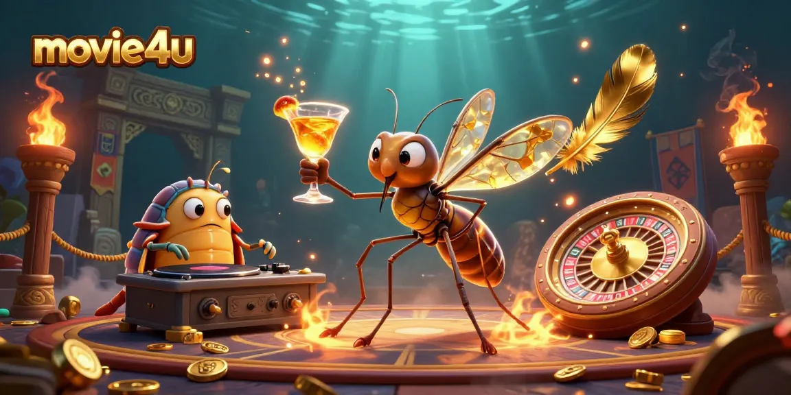 Spin to win at movie4u: dynamic scene with casino mascot and roulette wheel.