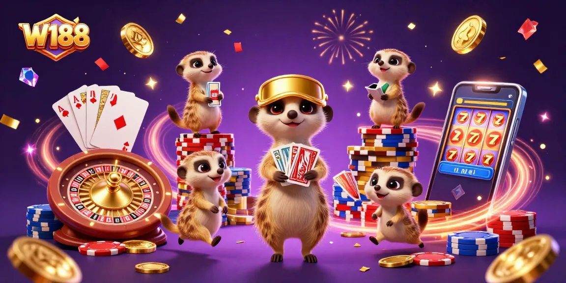 W188 offers an engaging casino experience with meerkats enjoying dynamic gameplay and vibrant decorations.