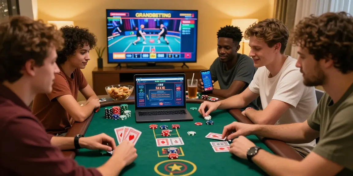 Exciting Grandbetting live casino gaming scene with friends in a cozy setting, showcasing thrilling online gambling experience.