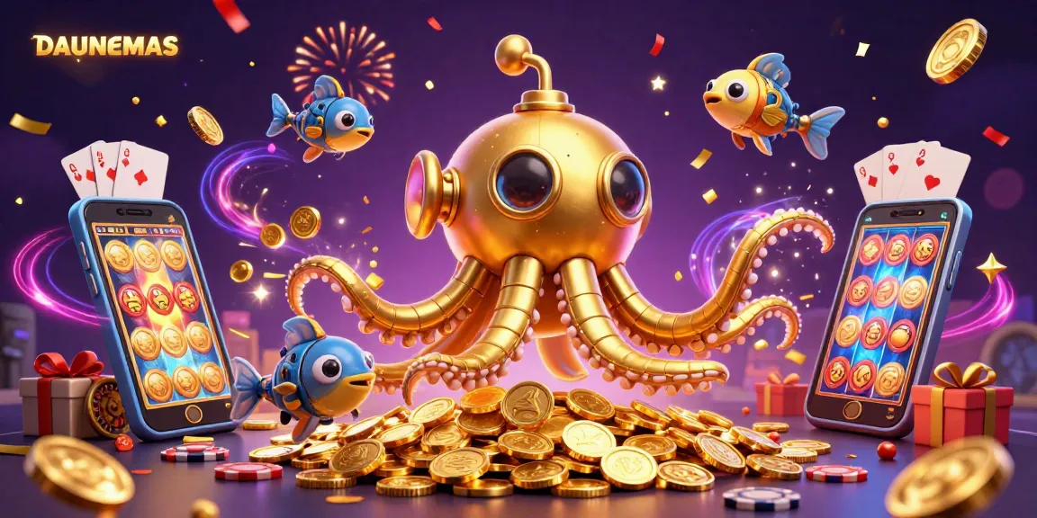 Engage with DAUNEMAS by enjoying vibrant slot games showcased in a festively illustrated underwater scene.