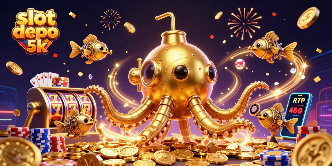 Engage with slot depo 5k through an exciting 3D scene featuring a golden kraken amidst winning slot machine symbols and coins.