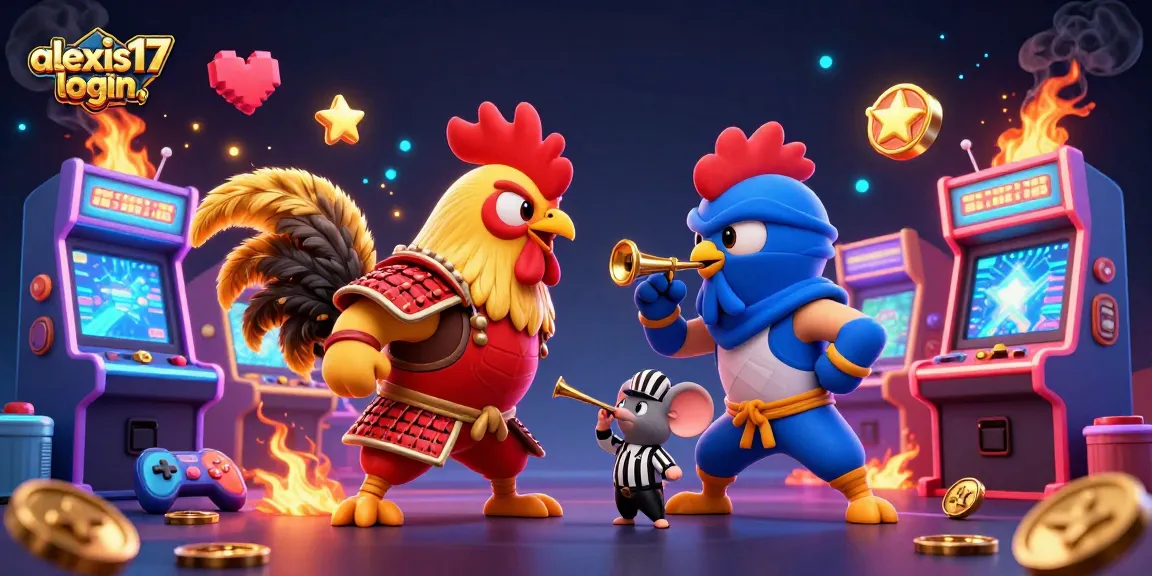 Melihat pertarungan menarik antara alexis17 login, ayam jantan samurai merah dan ninja biru dalam aksi dramatis.