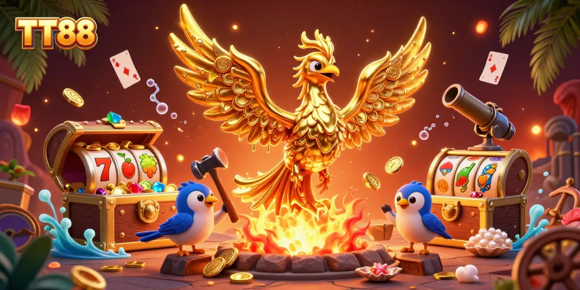 TT88 showcases an ultra-detailed golden phoenix amidst slot reels and treasure, capturing exhilarating casino moments.